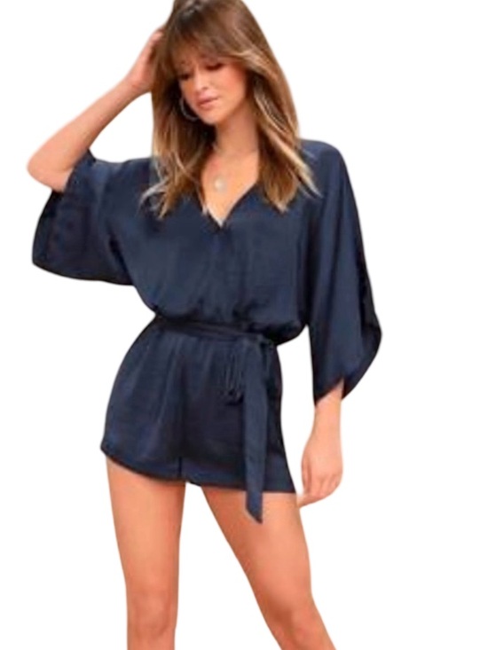 Lulus Pants - Lulu's Navy Blue V-Neck Belted Romper Size Medium